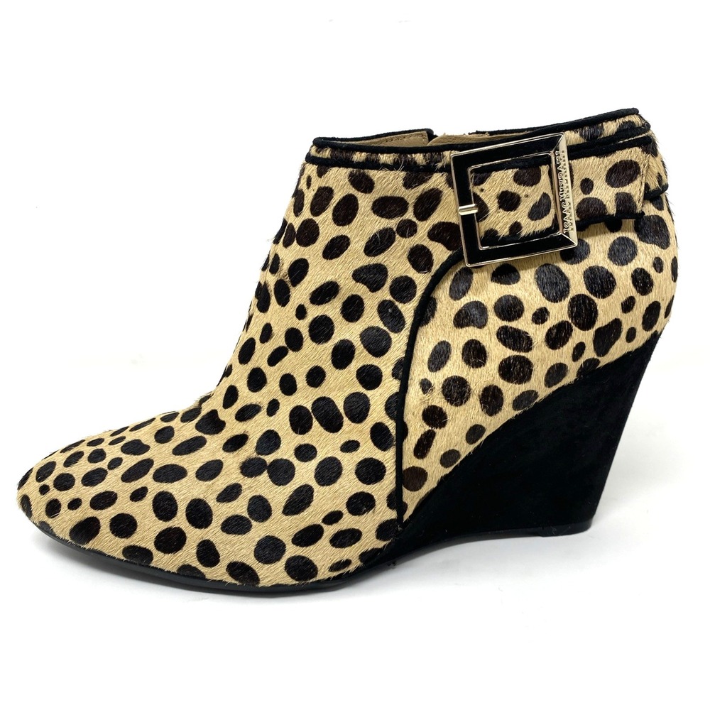 Isaac Mizrahi Size 9 Wedge Ankle Boots Shoes Pony Hair Leopard Print Leather Zip